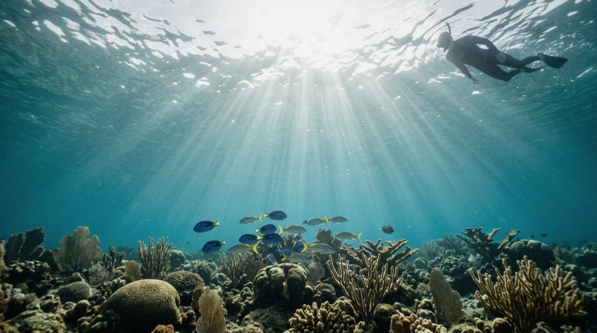 Calm, clear water over an Antigua reef during the best time to snorkel in Antigua's dry season